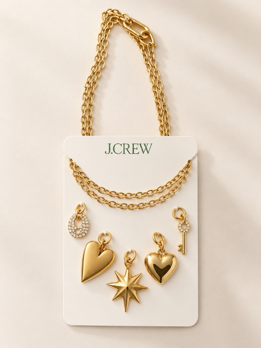 J.Crew Gold Tone Multi Charm Necklace Heart Star Key Crystal